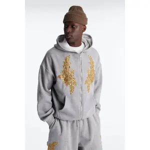 Oversized Rogue Sequin Applique Zip Up Hoodie - Grey