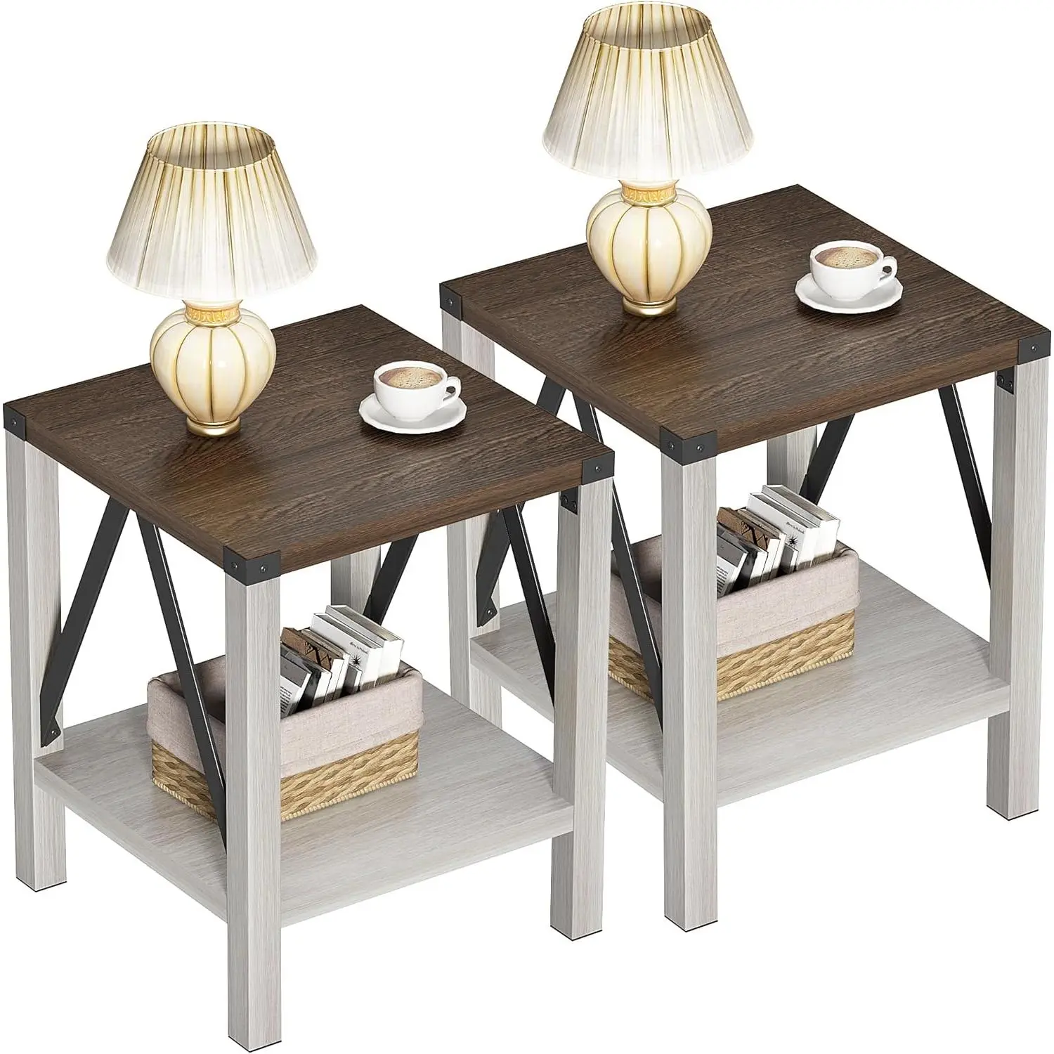 Set of 2 Farmhouse End Tables – Rustic Vintage Nightstands with Storage Shelf for Living Room or Bedroom, Antique White and Brown