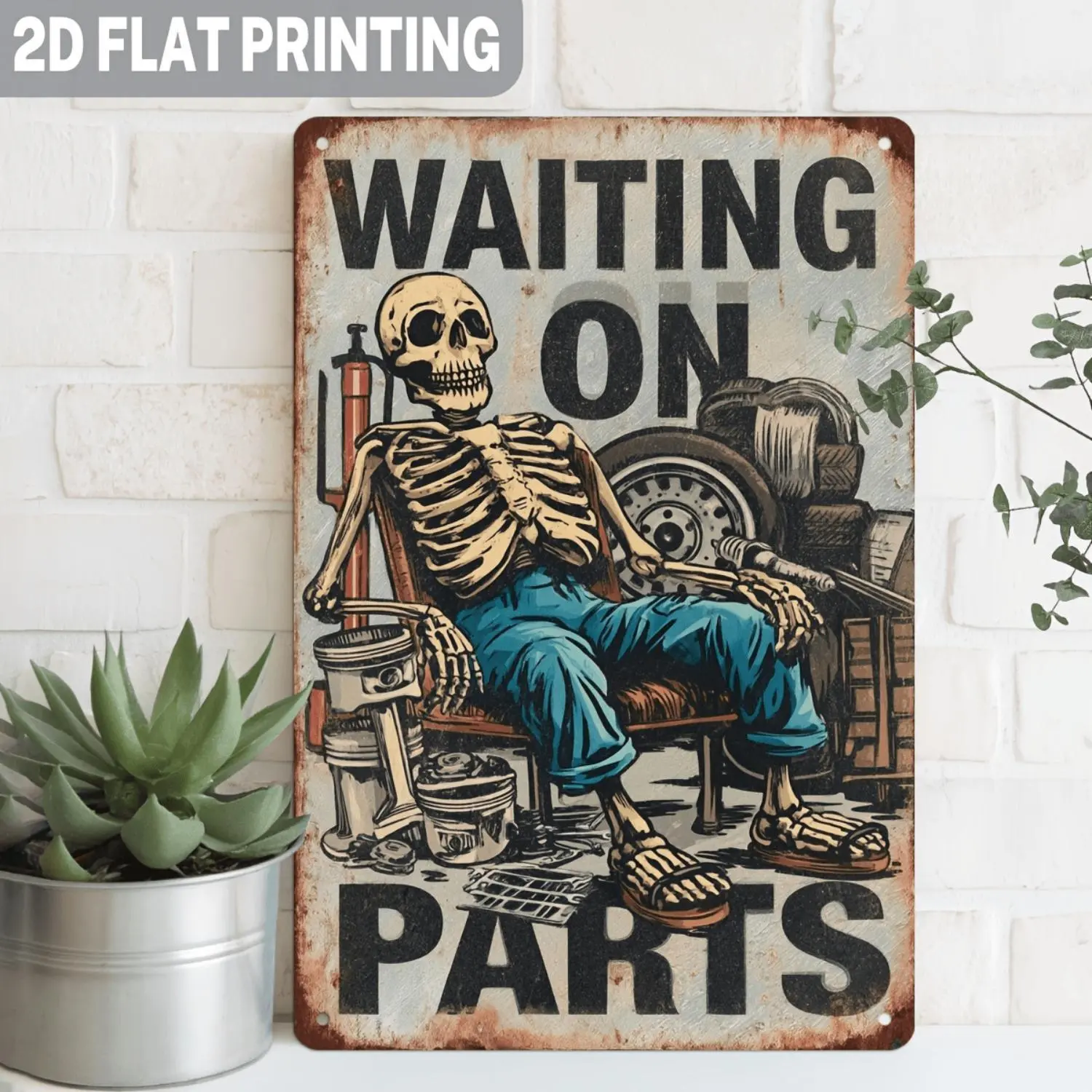 2D Flat, 1pc, Vintage Waiting on Parts Metal Sign, Automotive Workshop Wall Hanging, Garage Decor, Mechanic Shop Wall Art, for Man Cave Decorative Sign, 8x12 Inch, 2D Flat
