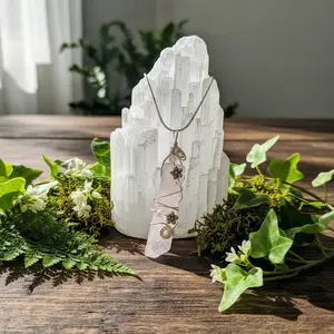 Rose Quartz Pendant – Wire Wrapped Necklace with Flower Charms