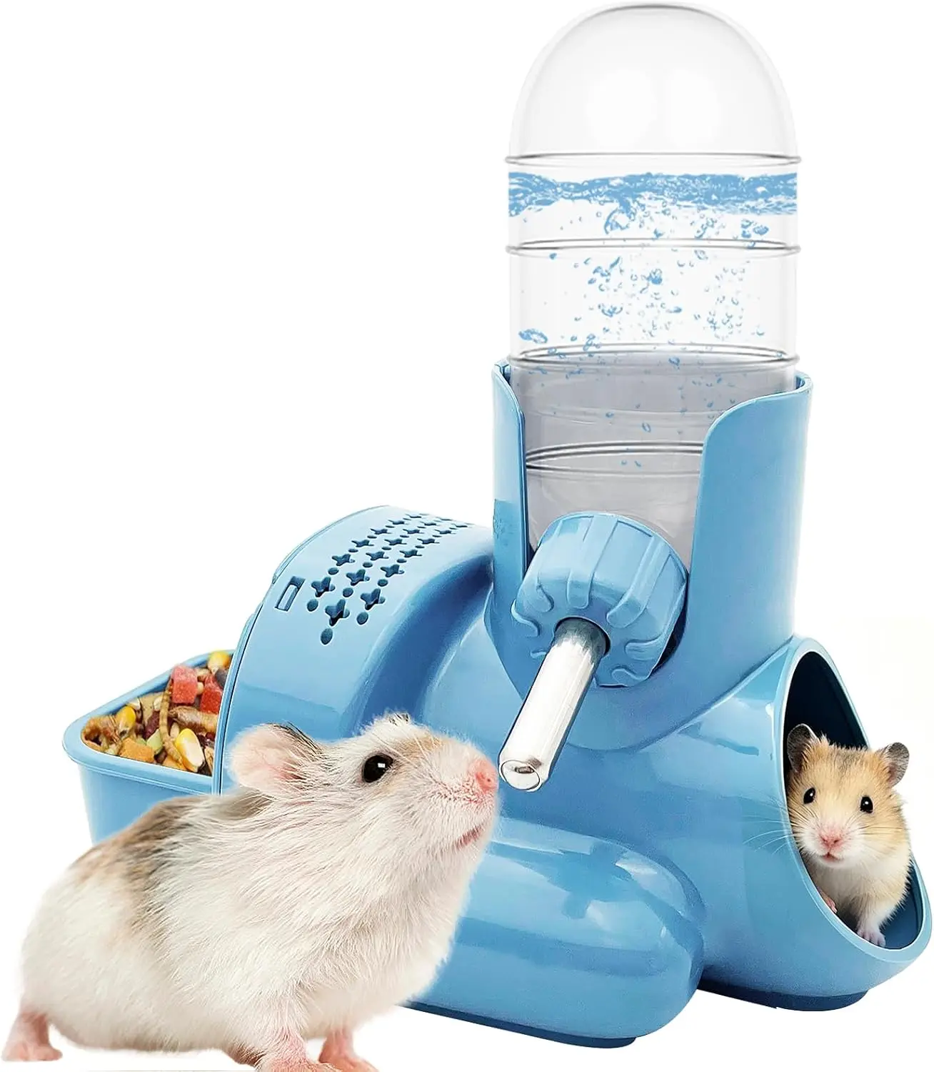 3-in-1 Hamster Multi-Use Feeding Station - Water Bottle, Food Bowl, Hideout Base (Blue) - Single Unit Pet Supply That Organizes Cage for Easy Maintenance