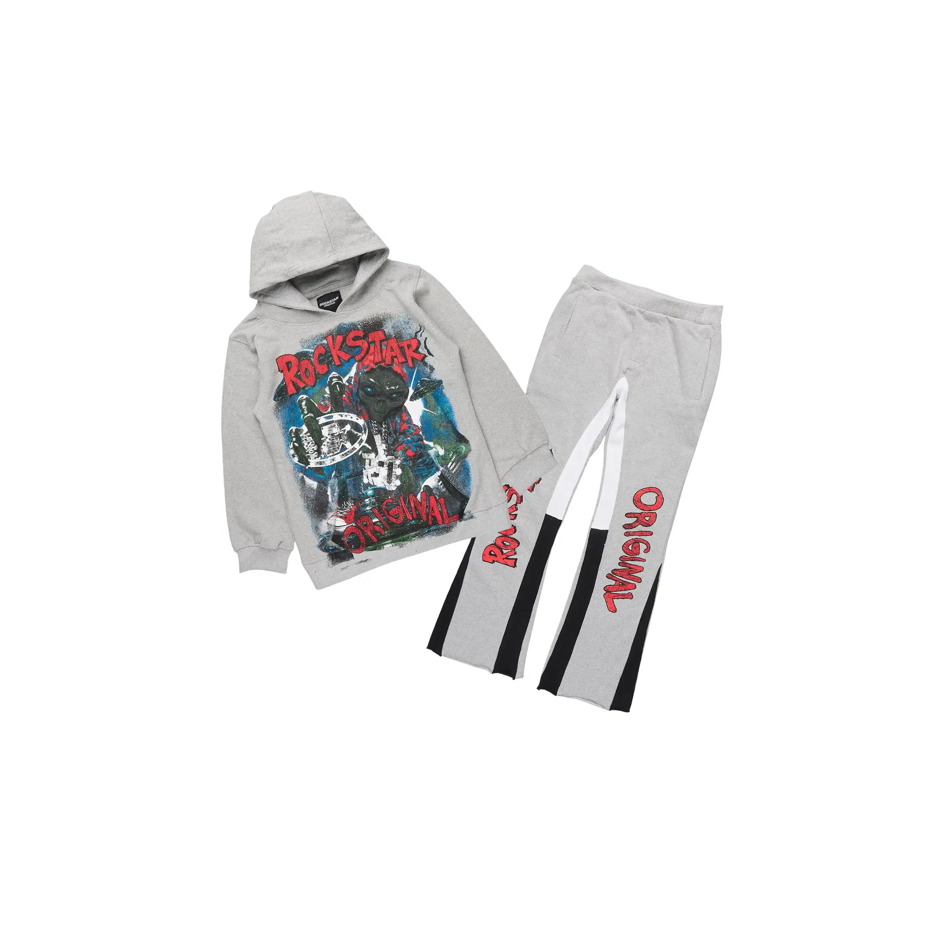 Boys Caevon Heather Grey/Multi Hoodie/Stacked Flare Track Set