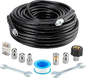 Sewer Jetter Kit 100FT for Pressure Washer, Pressure Washer Drain Jetter with 5800PSI Cleaner Hose 1/4 Inch NPT, Corner, Rotating & Button Nose Sewer Jetting Nozzle Spanner Waterproof Tape Pearl Pin