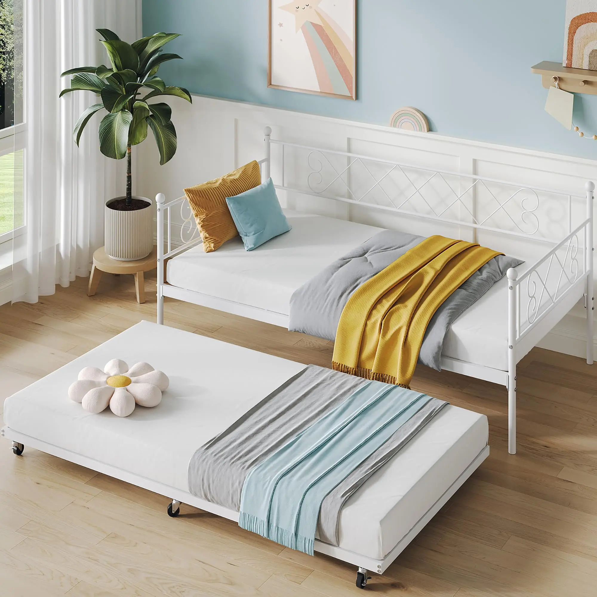 Garvee White Twin Metal Daybed with Trundle, Heart-Shaped Headboard, Sturdy Steel Slat Support, Space-Saving Sofa Bed for Living Room, Bedroom, and Guest Room, Easy Assembly