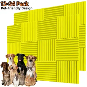 6/12/24 Pack 12"X12"X1" Acoustic Foam Panel Wedge Home Office Soundproofing Wall Tiles Yellow for Wall Ceilings Doors Pet Crates Kennels Pet Space, Superior Sound Absorption, High-Density Foam Reduces Noise, Non-Toxic & Pet-Safe