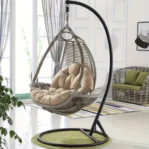 Luxury Thick Hanging Chair Cushion - Beige & Brown Wicker-Style Indoor/Outdoor Swing Chair Pad, Soft Polyester Fiber with Sturdy Black Frame Compatibility, Easy-Clean Durable Design for Balcony, Patio, Living Room - Multi-Purpose Comfortabl