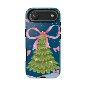 Christmas Tree Tough Phone Case,  Festive Blue Holiday Protective Cover with Pink Bow for ip and ss, gift for him for her,phone Case Suitable for Iphone11/12/13/14/15/16/17 Pro Promax Plus Air