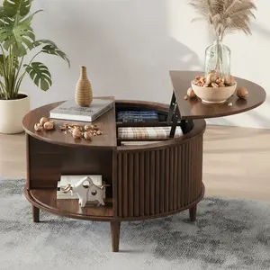 ABCASA Round Functional Coffee Table with Storage, 31.5" Fluted Wood Lift Top Coffee Table with Sliding Cabinet Door, Modern Mid-Century Coffee Table for Living Room Small Spaces Apartment