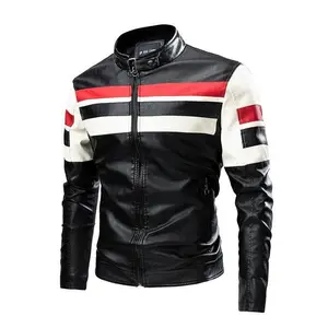 Fashionable color-blocked PU leather racing men’s motorcycle jacket with a fully zippered front, functional side zipper pockets—stylish and durable, ideal for riders and a classic piece of men’s motorcycle gear.