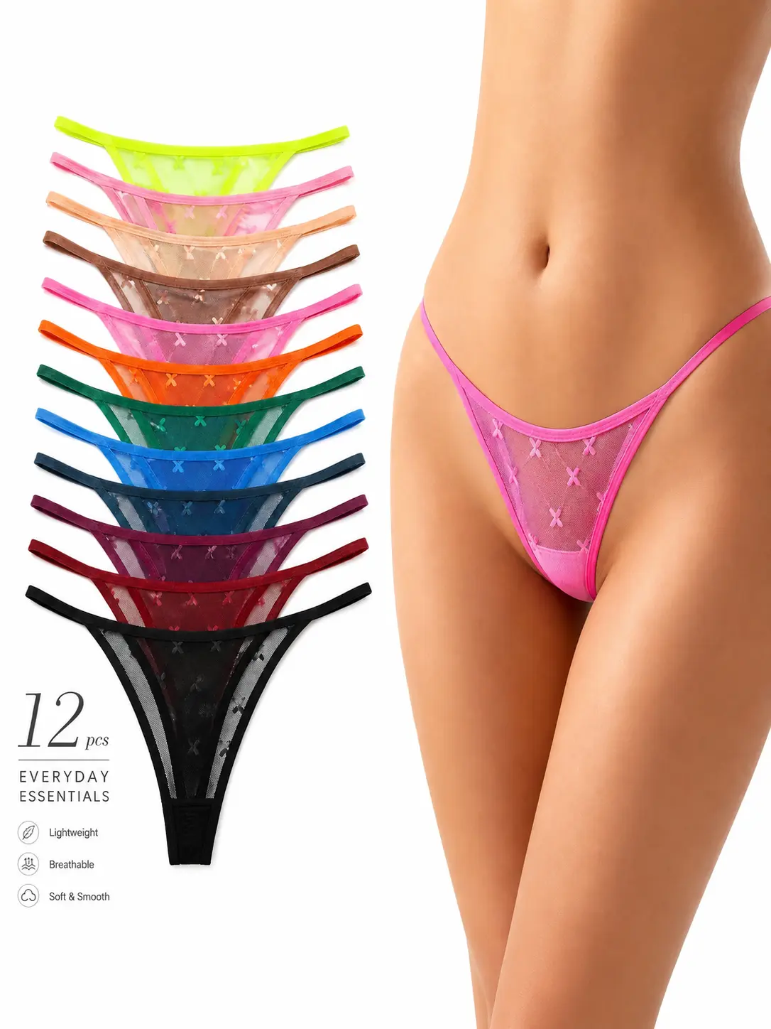 Women's Elastane Lace Thong Panties 12-Pack - Low Waist, Soft Solid Fabric, Minimalist, Breathable Basics, Lightweight Fits, Cold Wash Casual Wear Set (Assorted Colors), Hand Wash Only