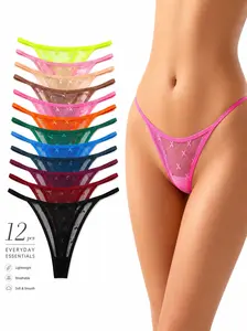 Women's Cotton Thong Underwear 12-Pack - Assorted Colors, Low Waist, Basic, Hip, Minimalist, Breathable, Comfortable Casual Wear Set