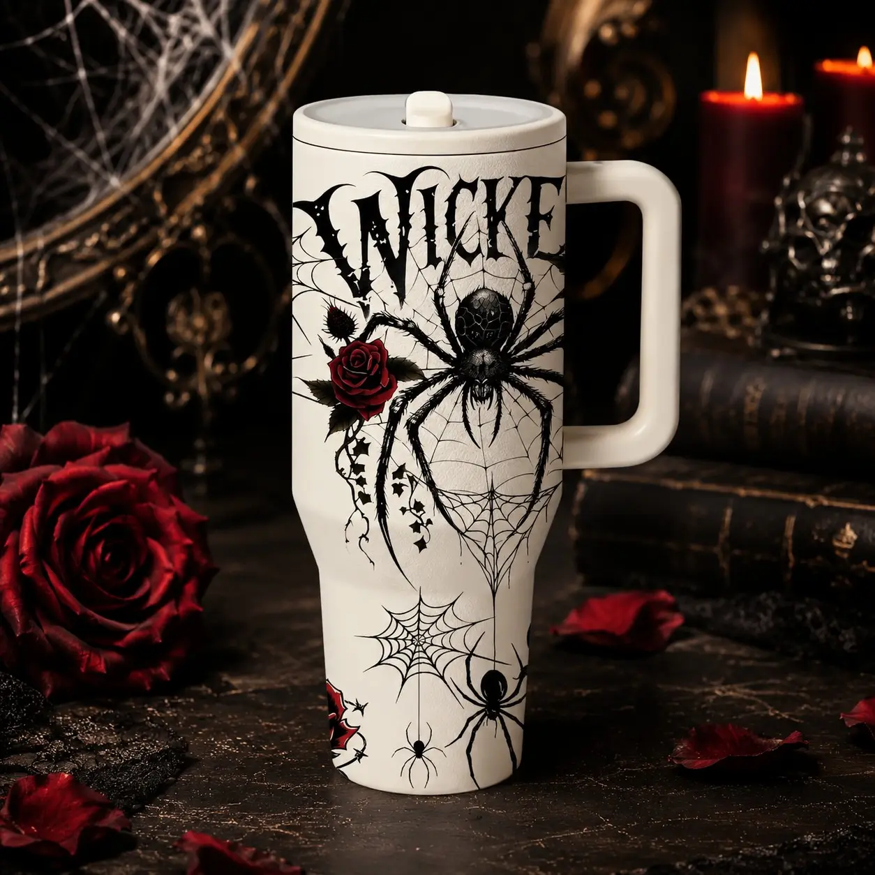 1 Pc 40oz insulated mug, Leakproof Vacuum Flask, Drinkware, double wall, leak proof, large handle thermal cup for hot cold drinks, keeps hot 12 hours and cold 24 hours, dark web print gift for women men, Halloween holiday, office gym travel daily use