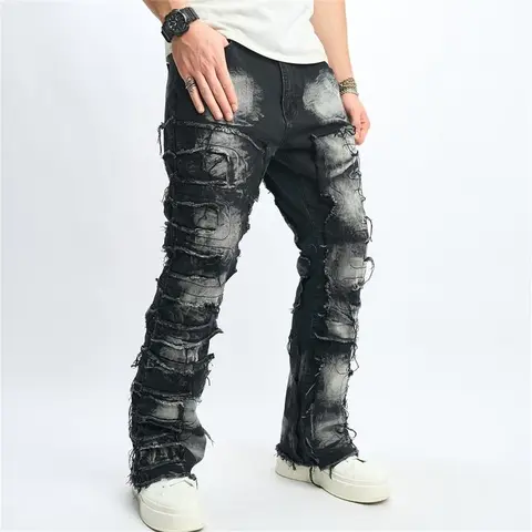 Men's Destroyed Biker Jeans | Y2K Hip Hop Raw Hem Design | Slim-Straight Ripped Denim Pants with Patch & Spliced Details Streetwear Menswear Elastic