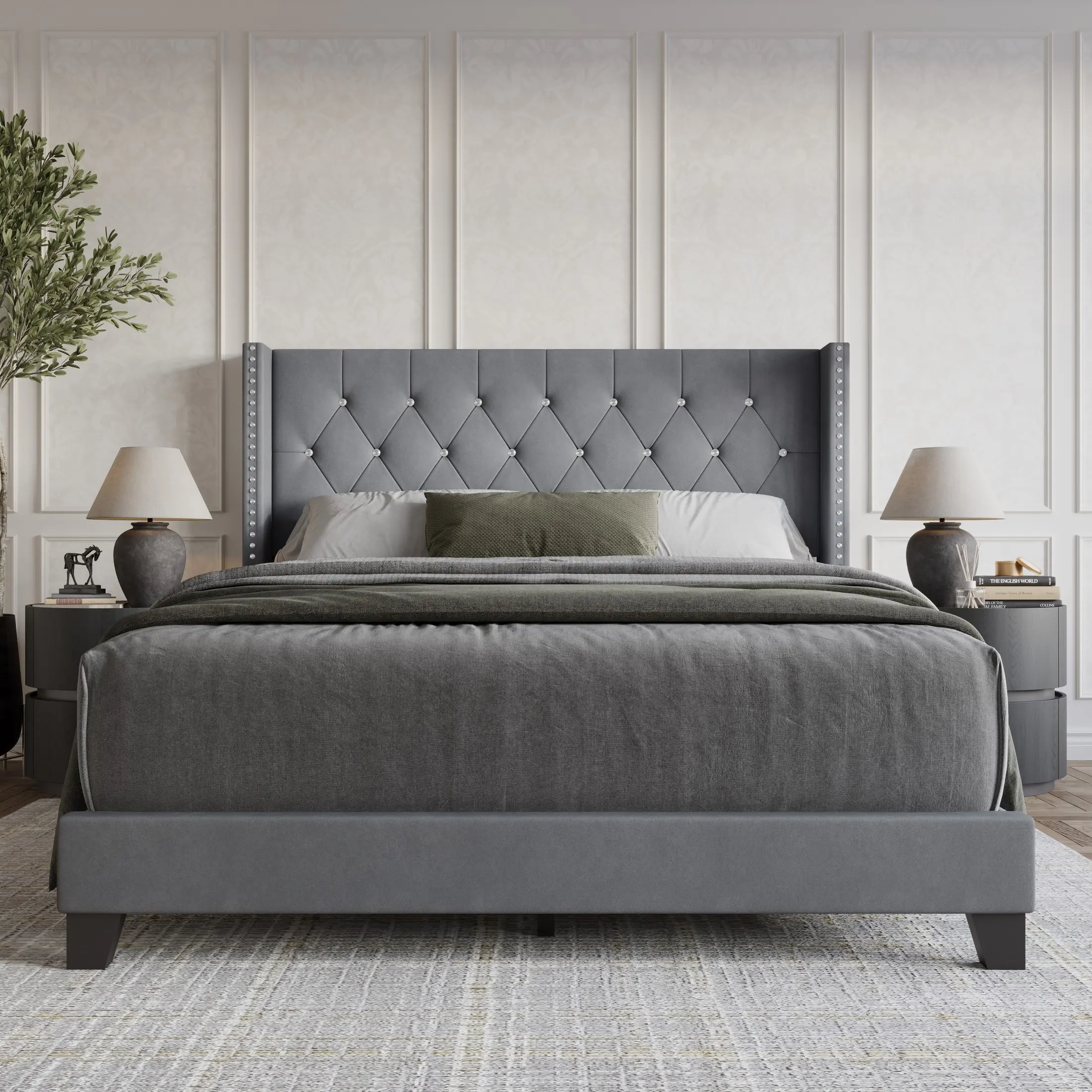 Favorer Monroe Tufted Upholstered Velvet Wingback Panel Bed Frame - High Headboard, Diamond Tufting, Nailhead Trim, Transitional Apartment Furniture (Multi-Size: Full 82.1"l x55.9"w x48.4"h, Queen, King; Box Spring Required for Adults), Full Size Bed