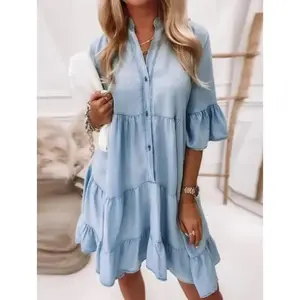 Solid Color Washed Cotton Five-Quarter Sleeve A-Mid-Length Denim Dress, Women's Denim Effect Printed Ruffle V-Neck Dress, Summer Casual Short Sleeve Dress, Fashion Women's Daily Wear Womenswear Comfort Basic Light Blue Minimalist
