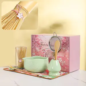 Handcrafted Matcha Bowl Set 8 count -  Style Ceramic Chawan  Cups with Floral Art & Wavy Rim | Complete Matcha  Ceremony Kit in   Box (green)