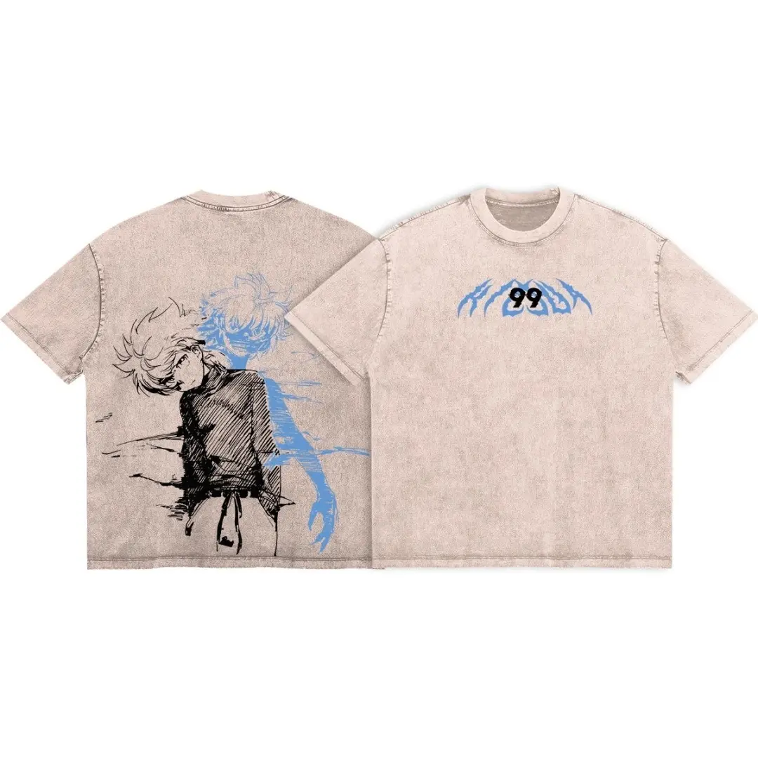 Men's Vintage Washed Hunter X Hunter Killua Zoldyck Casual Short-Sleeve Fitted Top - Blue 99 Emblem Anime Graphic Oversized Streetwear Everyday T-Shirt