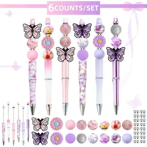 Butterfly & Daisy & Ball Design Beaded Ballpoint Pen Set, 6/12pcs Diy Beaded Ballpoint Pen with Butterfly & Daisy Silicone Beads, Stationery Writing Pen for School Office, Glitter Ballpoint Pen, Personalized Pen