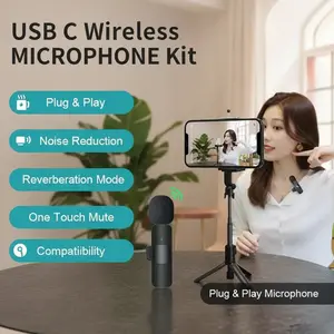 K9 USB C Wireless Microphone Mini Mic, Plug & Play for Type-C Devices for Universal Cell Phone, Device and More (Black) Audio Button 2 Pcs-For Iphone Smartphone