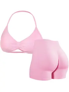 Two-Piece Set Women's Solid Crop Sports Bra & High Waist Shorts Tracksuit Set, Breathable Comfortable Sports Set for Yoga Gym Workout Running, Gym Exercise Activewear, Ladies Summer Sportswear