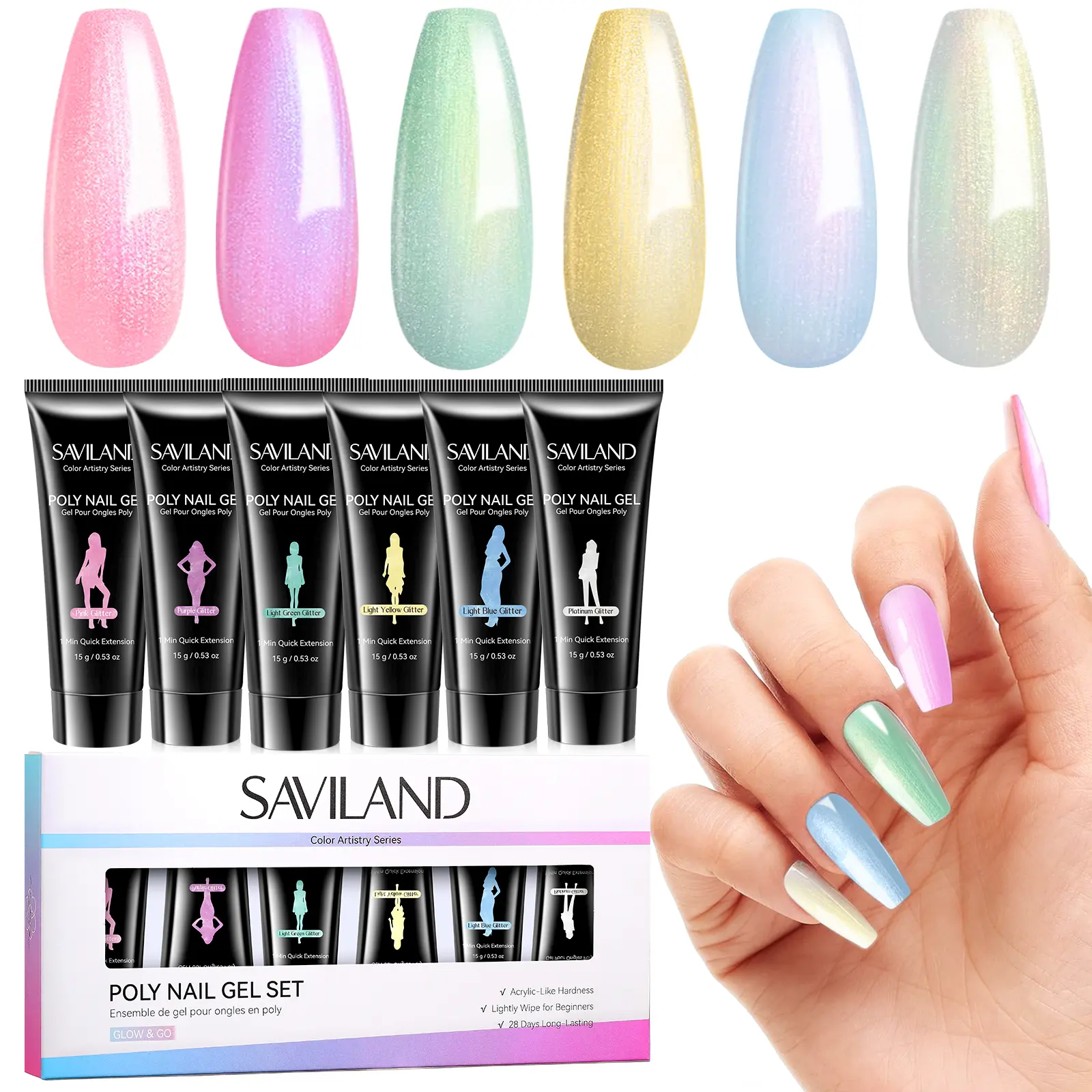 SAVILAND HEMA-Free Poly Gel Nail Kit: Shimmer Poly Extension Gel Set (White, Green, Yellow, Pink, Purple, Blue) — Long-Lasting Strength Builder Gel for Nail Extensions, Salon & Home DIY Manicure