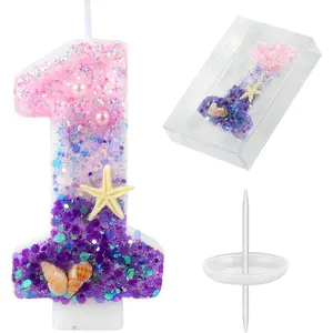 Birthday Candles, Pink and Purple Number 1 Candles Decorated with Conchs Starfish and Pearls for Mermaid Theme Party Cake Topper Supplies (Number 1)