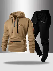 Men's Hooded Sweatshirt Set, Half-Zip Design, Letter Print, Casual Fitted Style, Fall & Winter Wear, Multiple Colors Available