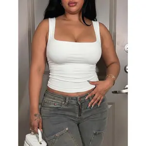 Women's Plus Size Square Neck Sleeveless Tank Top - White Fitted Wide Strap Cami Blouse, Minimalist Solid Casual Top for Daily, Office & Date Night