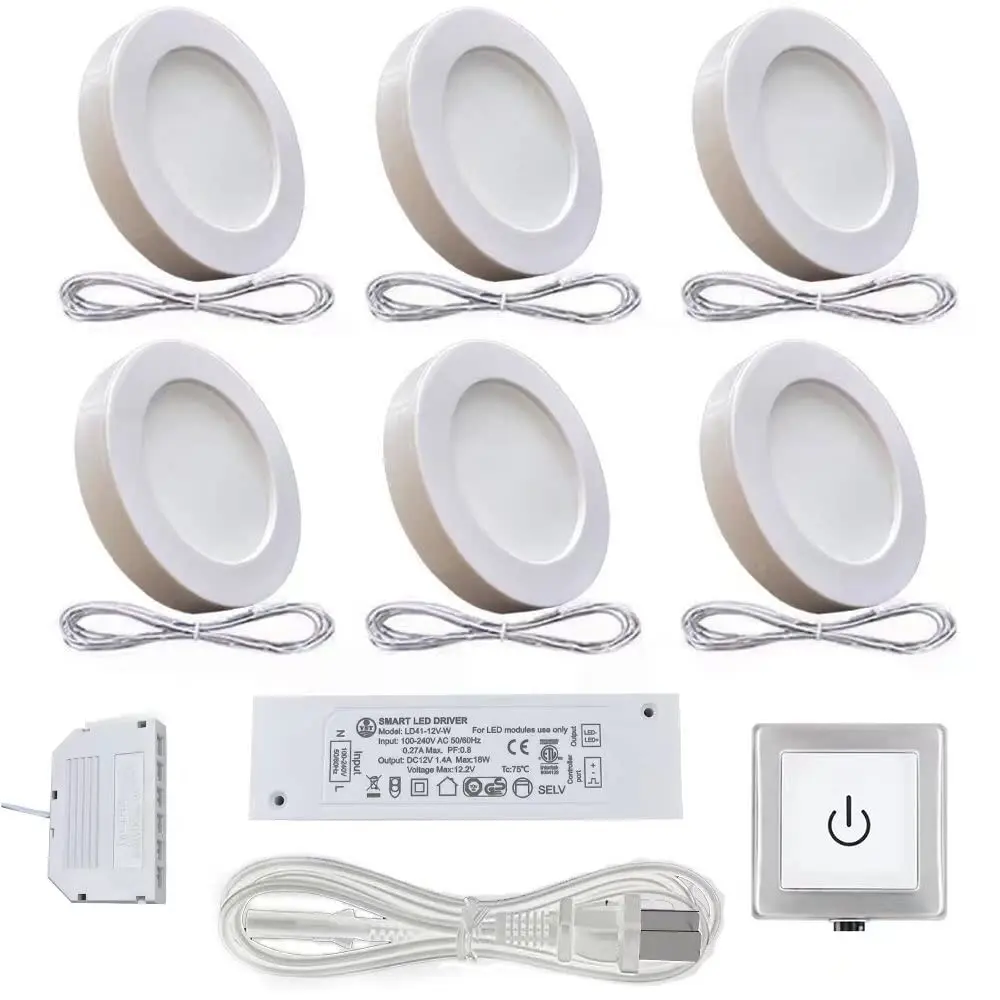 VST 6-Pack White Under-Cabinet Puck Lights, 12V Plug-in Fixtures with Wired Touch Dimmer Switch, Recessed/Surface Mount, 4000K Natural White, 2W Per Light 12W Total (Home Improvement Indoor Lighting)