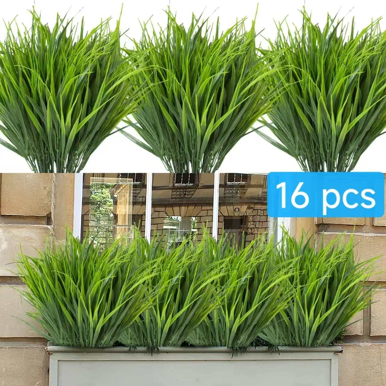 16 Pcs Artificial grass, Artificial Wheat Grass Fake Plants Outdoor UV Resistant Greenery Decorative Stems Plastic Shrubs for Patio Garden Farmhouse Front Porch Window Box Home Decor,Artificial Plants,Realistic,UV-resistant,Balcony Decorations