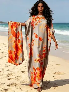 2026 New Women's 2 Piece Grey & Orange Floral Print Kaftan Maxi Dress with Matching Scarf, Silky Loose Satin Robe, Plus Size Friendly, Summer Beach Cover Up, Resort Vacation & Evening Party Wear
