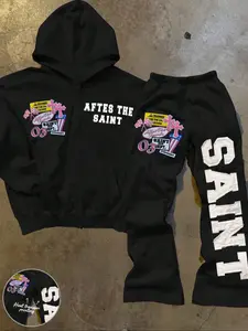 After The Saint’ Graphic Tracksuit — Hot-Selling Streetwear! Bold Print 2-Piece Set, Black Base For Urban Cool Style. Trendy Co-ord. Sweat Suit Set