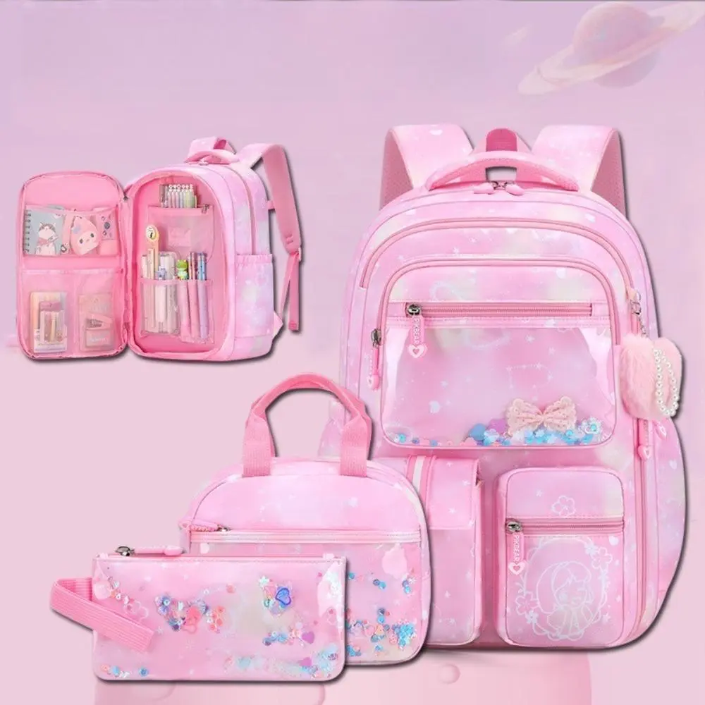 3Pcs Pink Glitter Quicksand Refrigerator Side Opening Backpack Set for Teen Girls,Large Capacity Multi-Layer Water Resistant Student Backpack,Lightweight Breathable Spine Protection Daypack with Pom Pom Pendant,Complete Combo Includes Insulated Lunch Bag
