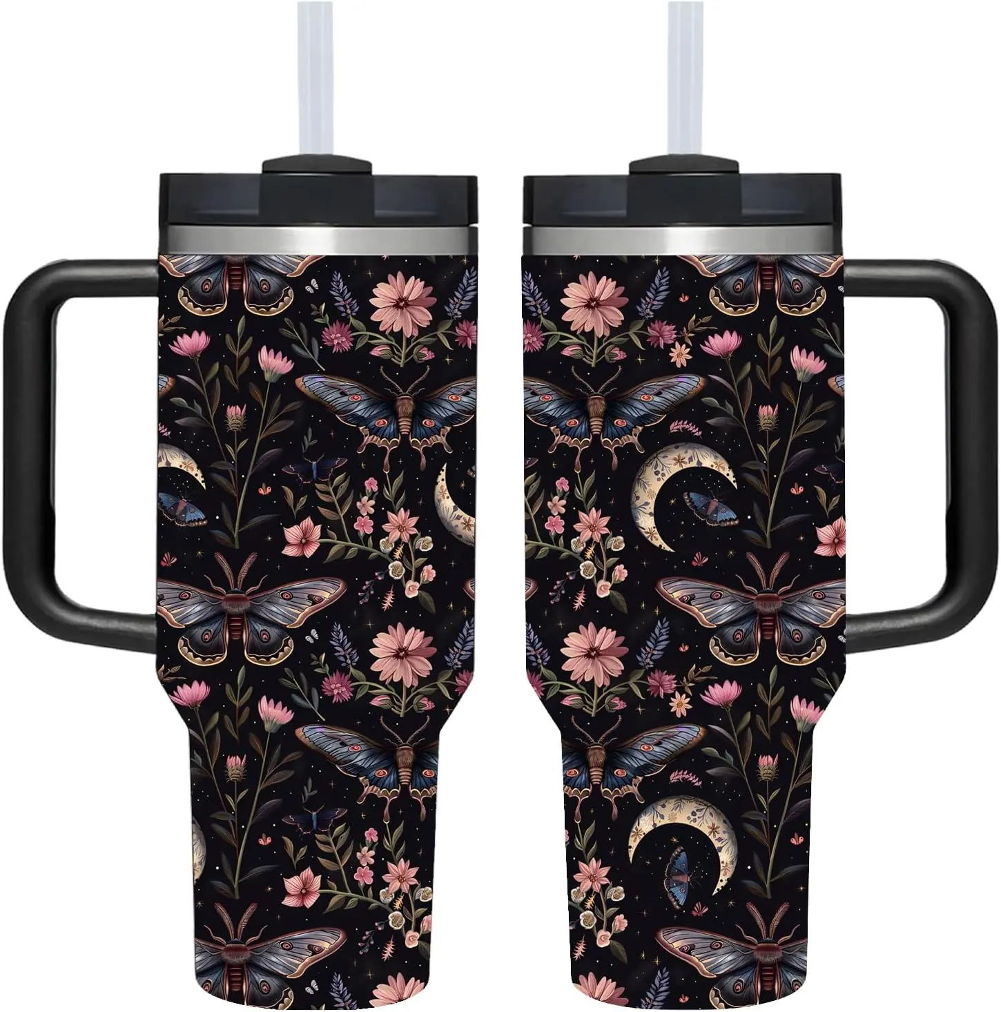 40oz Gothic Moth & Moon Floral Stainless Steel Insulated Tumbler with Handle - Stainless Vacuum Flask Travel Cup for Hot & Cold Drinks, Witchy Dark Academia Gift, Stainless Vacuum Flasks