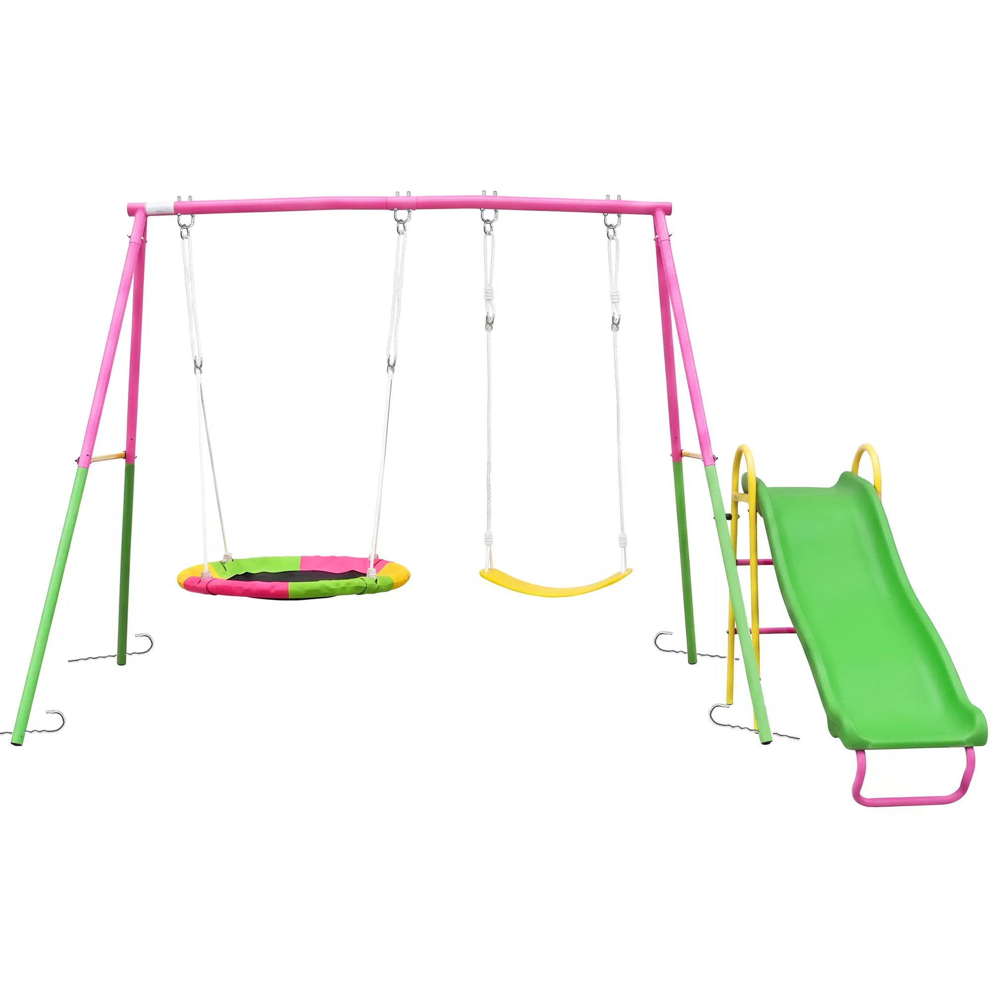 Mersco Pink 3-in-1 Heavy-Duty Metal Swing Set with Slide - Kids Toys, Kids Outdoor Equipment, Outdoor Play Sets for Backyard Playground Gym