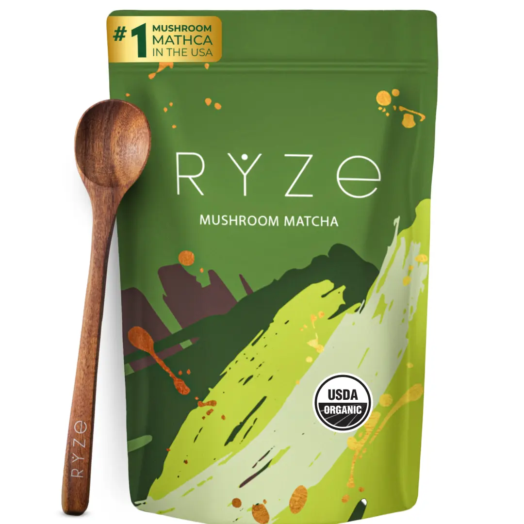 RYZE Mushroom Matcha, USDA Organic with 6 Adaptogenic Mushrooms and Ceremonial-Grade Japanese Matcha for Energy, Focus, Digestion, Immunity with Turkey Tail, Shiitake, Lion's Mane, Reishi, 30 servings