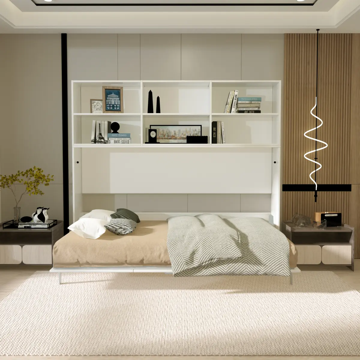 Mordern Design Twin Size Horizontal Murphy Bed with Shelf Storage for Bedroom or Guestroom White Wall Bed Space Saving Hidden Bed with New Style Gas Struts    RR