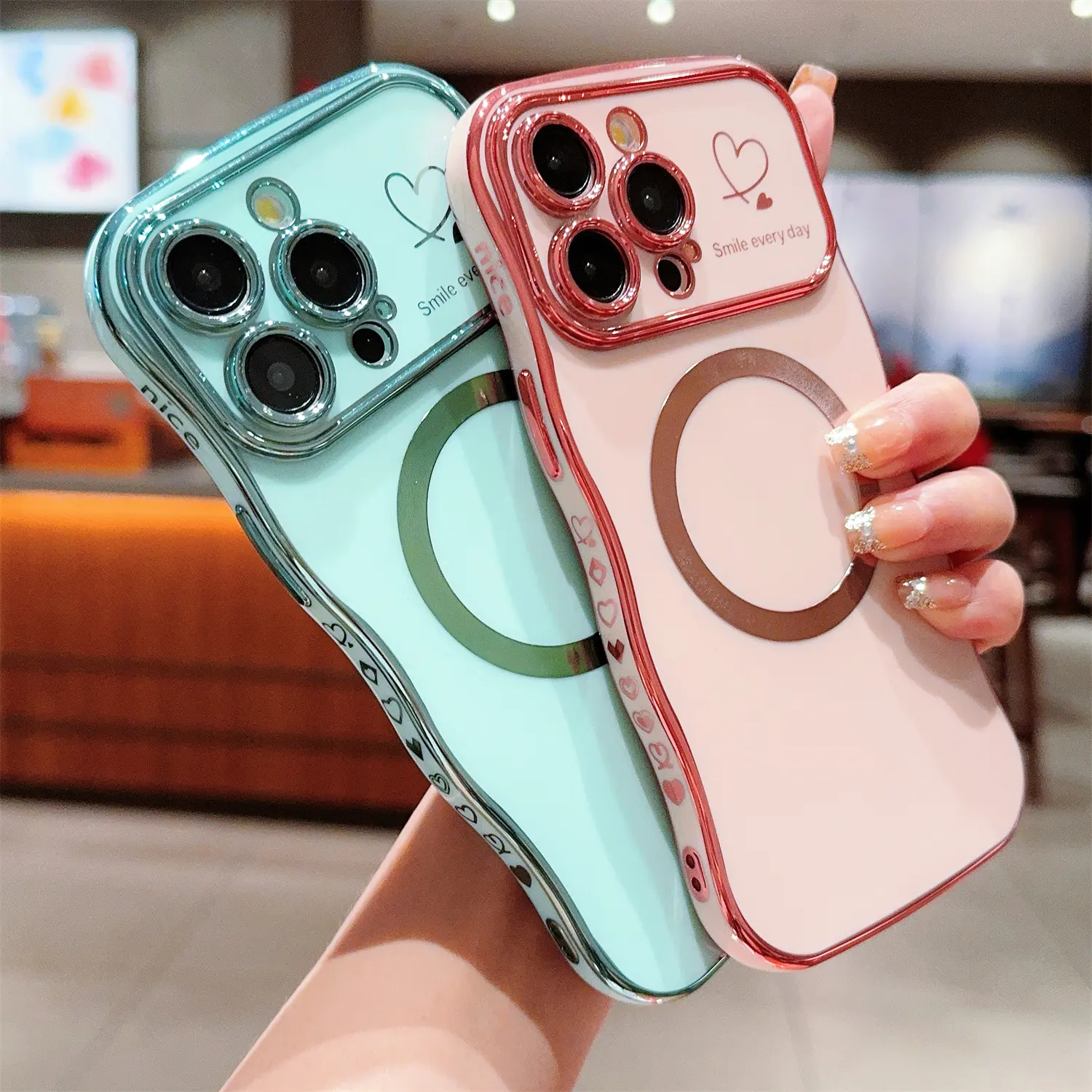 Magnetic Case for iPhone 17 Pro Max 16 15 14 13 12,Cute Love Heart Camera Lens Protect Soft Shockproof Plating Wave Cover