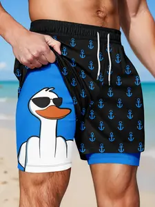 Men's Two-In-One Lined Shorts, Anchor Cool Duck Print, Drawstring Waist, Casual Sports Running Daily Wear, Loose-Fitting, All Seasons, Cartoon Graphic Track Shorts