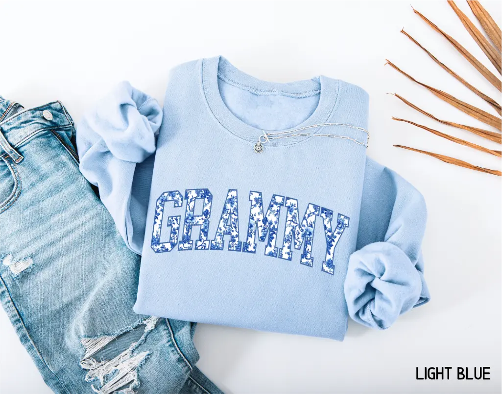 Toile Grammy Adult Sweatshirt - Light Blue Unisex Crewneck with Floral Varsity Design Comfortable Everyday Wear - Gift for Mothers Day
