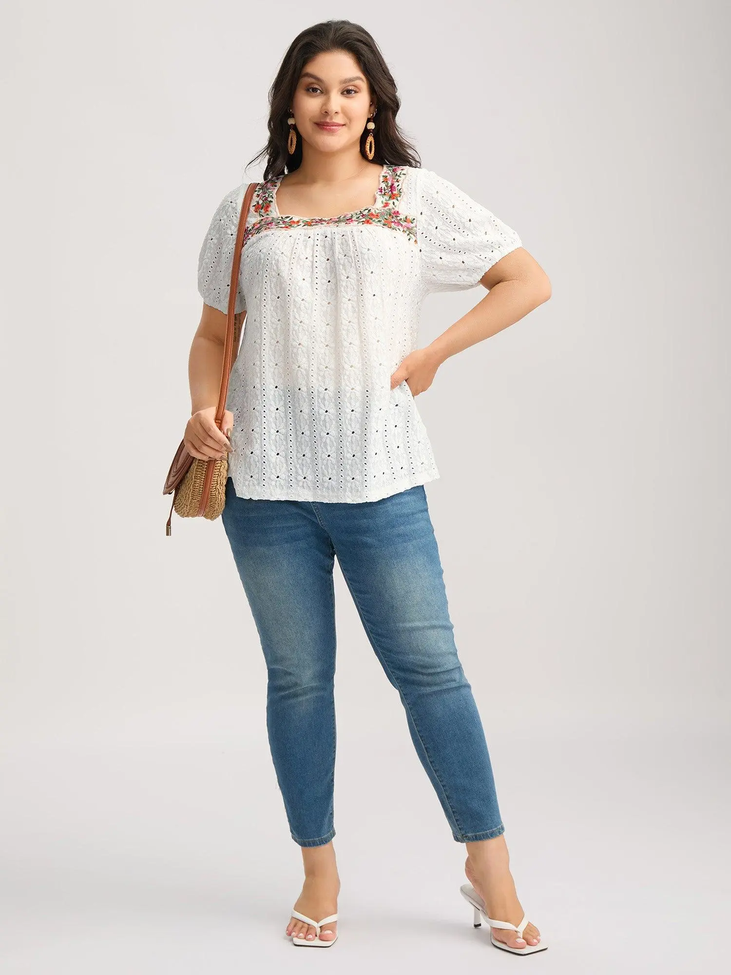 BloomChic Women's Plus Size Woven Boho Blouse - Square Neck, Fitted, Polyester Blend, Lantern Sleeves, Eyelet Trim, Contrast Binding, Cut-Out Details Add Playful Allure, Casual Fashion, Regular Length, Opticwhite, Breathable, Sizes L, 2X(18-20), 3X(22-24)