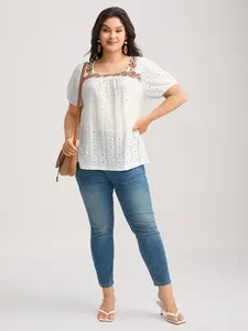 BloomChic Plus Size Lady's Square Neck Blouse - Eyelet Trim, Floral Embroidery, Lantern Half Sleeves, Woven Lace Details, Breathable Cutout, Fitted Basic Top Shirts, Boho Summer Outfits, Optic White/Nude Pink, M-6X 2026 Mother's Day Pick,summervibes