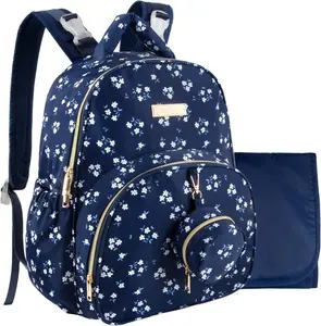 Baby Essentials Diaper Bag Backpack for Newborns, Infants, Toddlers (Matching Changing Pad, Pacifier Pouch, Insulated Bottle Pockets, Stroller Straps) Navy Blue Floral