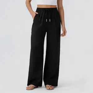 Women’s Linen Drawstring Wide-Leg Basic Bottoms, Casual Pants with Soft Skin-Friendly Texture, Simple Sophisticated Design, Thoughtful Side Pockets, Loose Restriction-Free Fit, Bottom