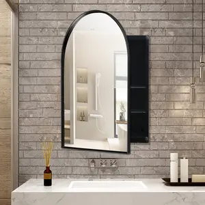 24x36 Inch Arched Recessed Medicine Cabinet, Metal Framed Bathroom Wall Cabinet with Mirror and Adjustable Shelves, Wall Mirror with Storage for Bathroom, Matte Black    RR