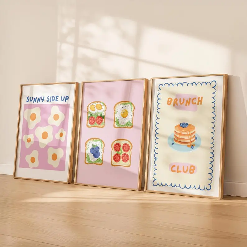Cute Brunch Club Wall Art Set of 3, Danish Pastel Food Poster, Kitchen Print, Funky Dining Room Décor
