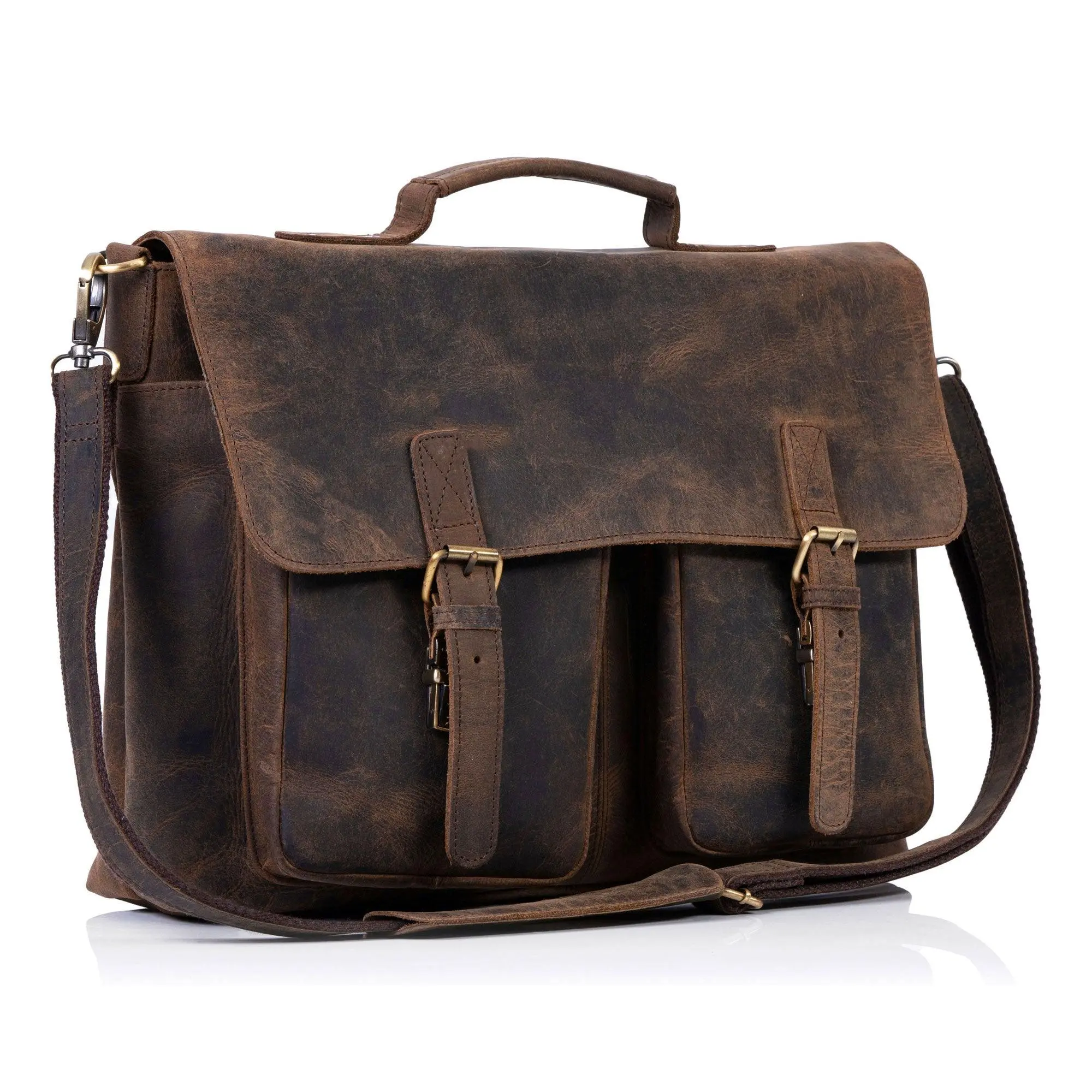 Leather Briefcase 16 Inch Laptop Messenger Bag – Office Briefcase & College Bag (Buffalo Distressed Tan)