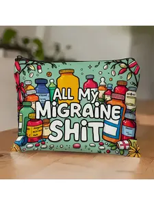 Humorous "All My Migraine Shit" Design Cosmetic Bag - Durable Fade-Resistant Zipper Pouch for Migraine Medication, Makeup & Travel Essentials - Portable Multi-Purpose Storage Organizer (White, Unisex Adult Gift), Artistic Illustration Print