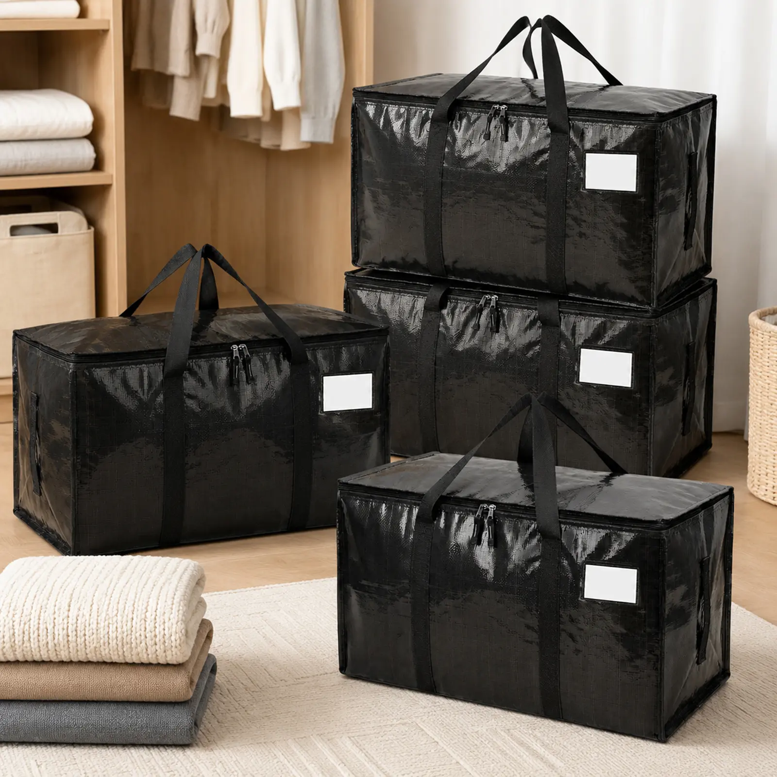 4-Pack Extra-Large Heavy-Duty Moving & Storage Bags - Waterproof, Foldable Totes with Handles, Zippers for Home Organisation, College Dorm (Black), Organiser