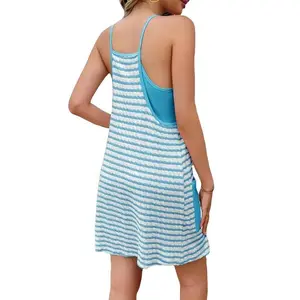 Women's Striped Mini Tennis Dress Romper with Built-In Shorts - Sleeveless, V-Neck, Summer Athletic Outfit, Machine Washable